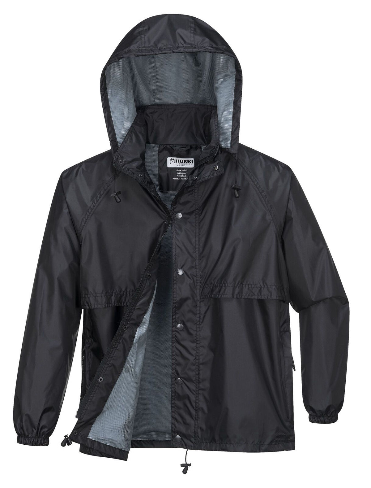 HUSKI STRATUS RAIN JACKET Waterproof Workwear Concealed Hood Windproof Packable - Black