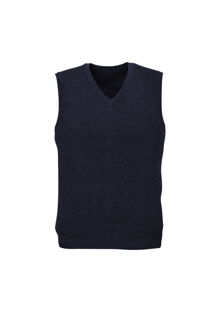 Mens Wool Blend V Neck Vest Sleeveless Double Knit  - Navy
