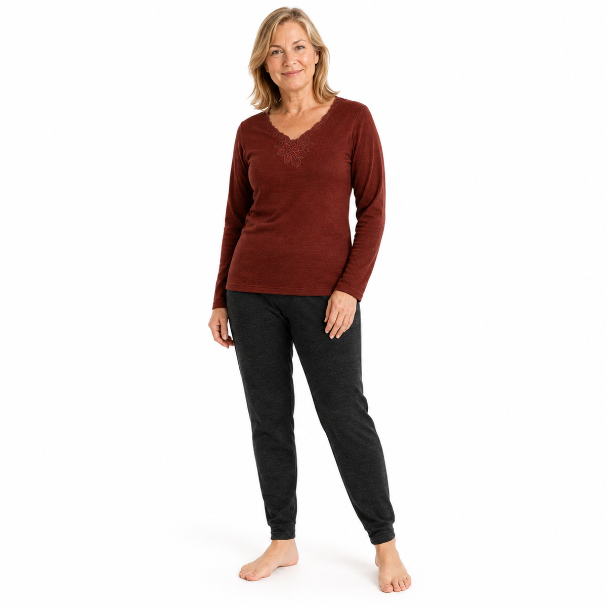 2pcs Set Womens Merino Wool Blend Pants & Top Underwear Leggings Thermal Thermals - Burgundy Top & Black Pants