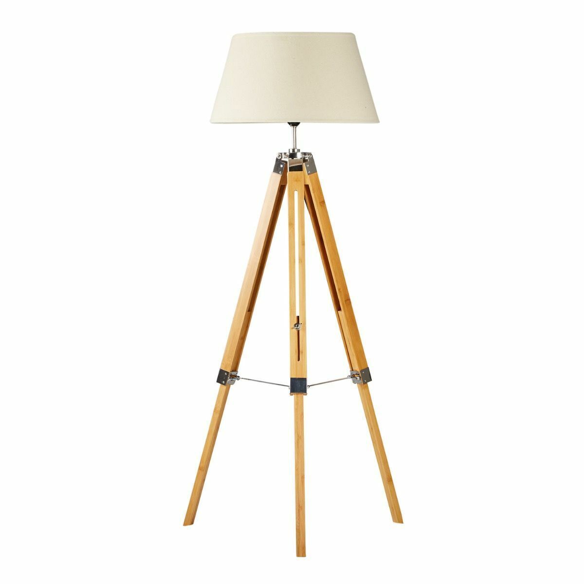 LARGE TRIPOD FLOOR LAMP Linen Shade Modern Light Bamboo Vintage Wooden Retro