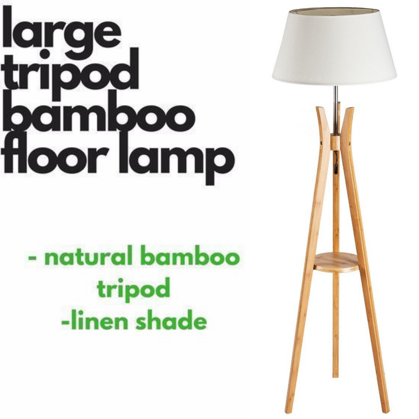 LARGE BAMBOO TRIPOD FLOOR LAMP Shade Modern Light Vintage Wooden Scandi