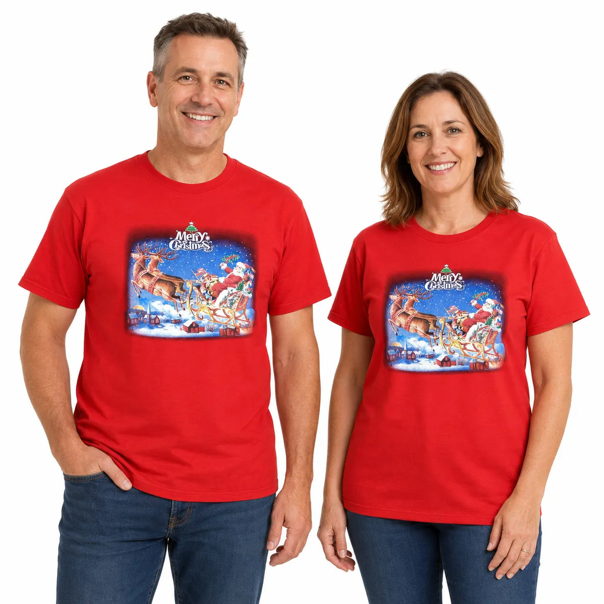 100% Cotton Adult Christmas T Shirt Xmas Top Santa Red White Party Costume - Red - XL