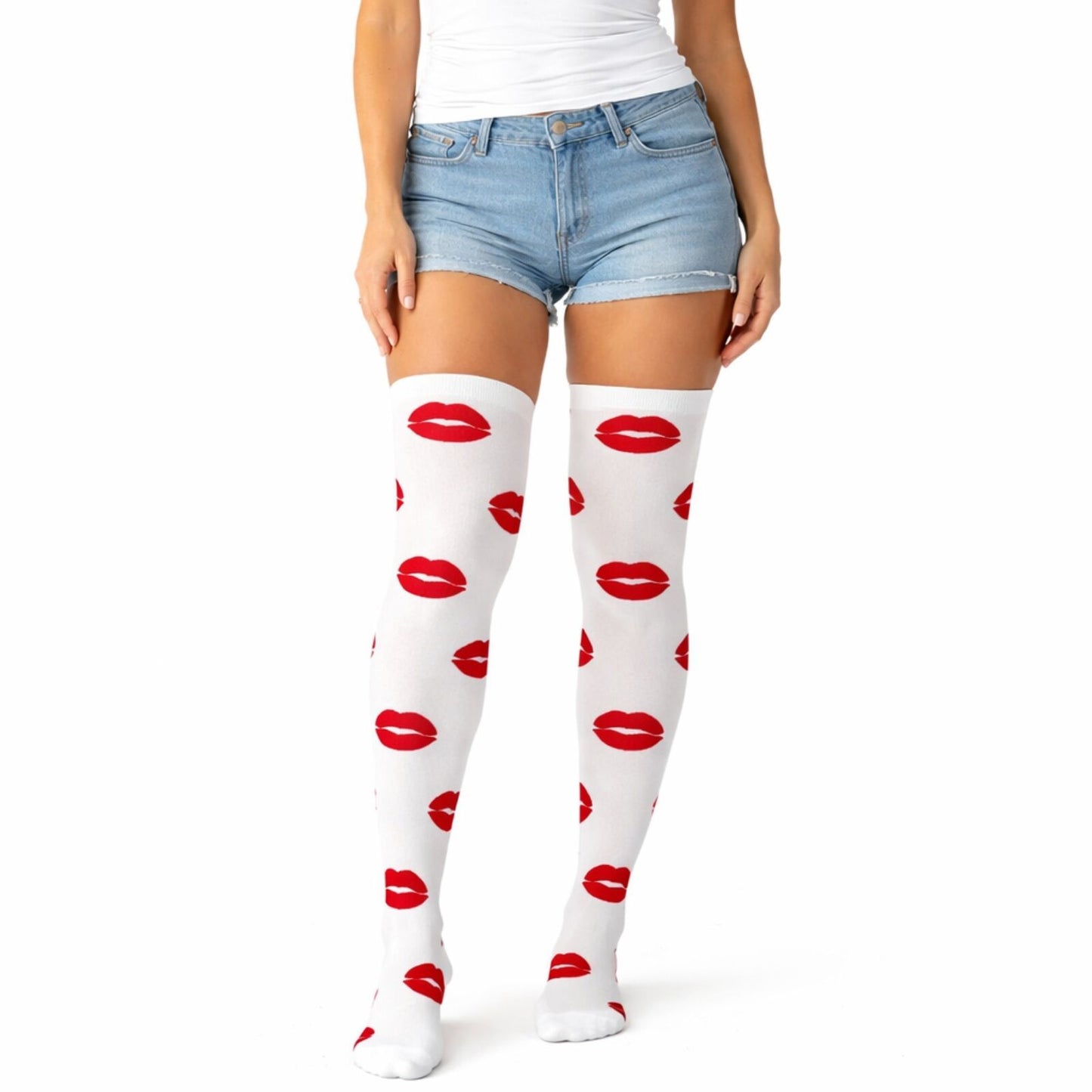 Stay Up OVER THE KNEE SOCKS Stockings Hosiery Party Costume Stockings - Lips (White/Red)