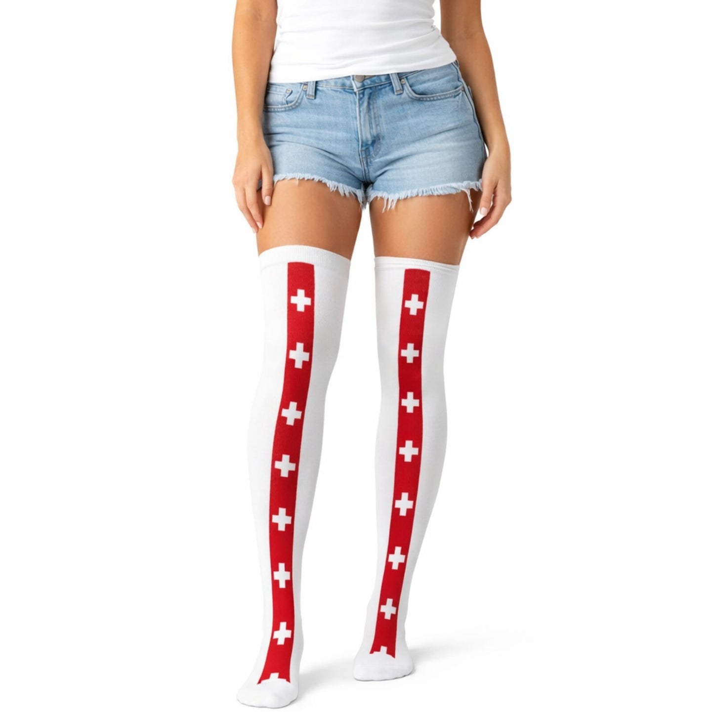 Stay Up OVER THE KNEE SOCKS Stockings Hosiery Party Costume Stockings - Nurse (White/Red)