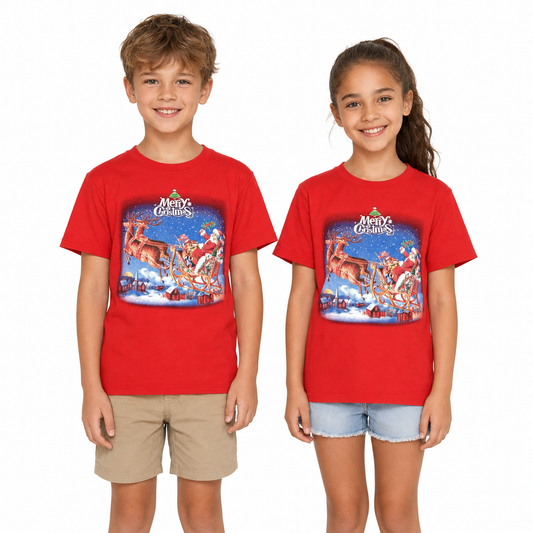 100% Cotton Kids Christmas T Shirt Xmas Top Santa Red White Party Costume - Red - Large (8-10 Years Old)