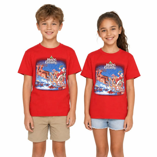 100% Cotton Kids Christmas T Shirt Xmas Top Santa Red White Party Costume - Red - X-Large (10-12 Years Old)