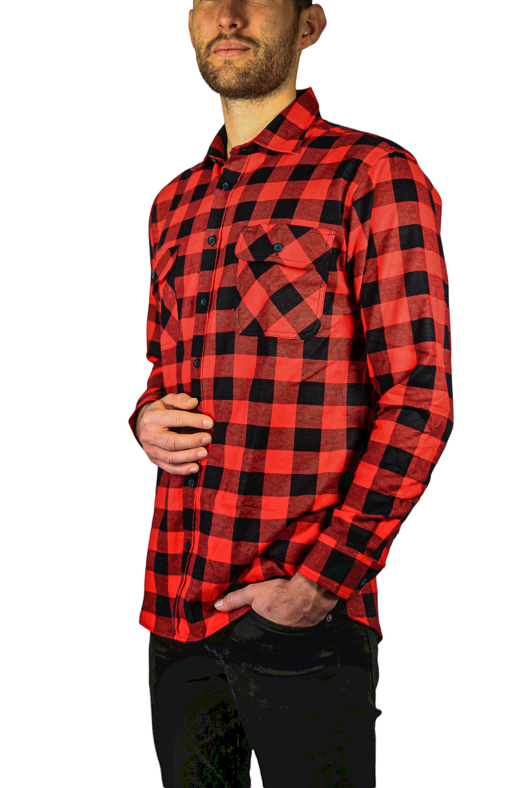 Mens 100% Cotton Flannelette Shirt Long Sleeve Check Authentic Flannel - Red/Black - XL