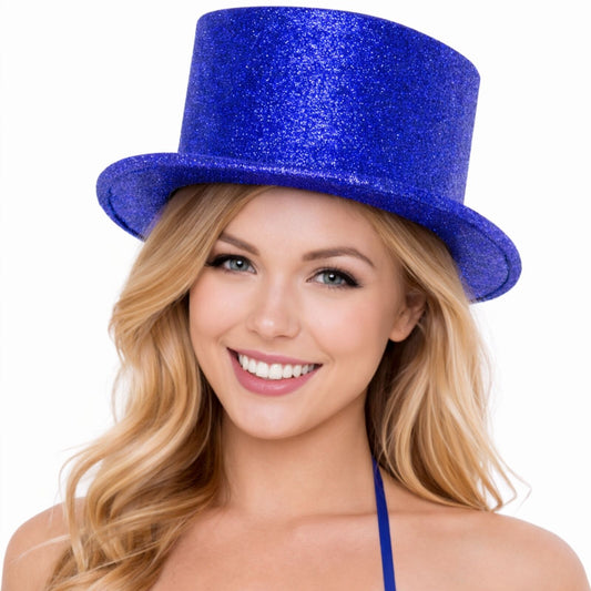 GLITTER TOP HAT Fancy Party Plastic Costume Tall Cap Fun Dress Up Sparkle - Blue