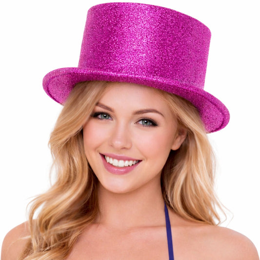 GLITTER TOP HAT Fancy Party Plastic Costume Tall Cap Fun Dress Up Sparkle - Hot Pink