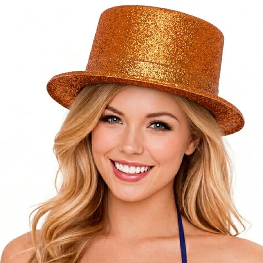 GLITTER TOP HAT Fancy Party Plastic Costume Tall Cap Fun Dress Up Sparkle - Orange
