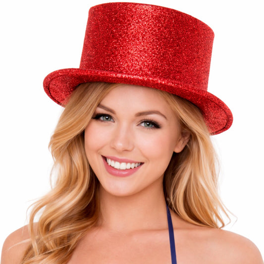 GLITTER TOP HAT Fancy Party Plastic Costume Tall Cap Fun Dress Up Sparkle - Red