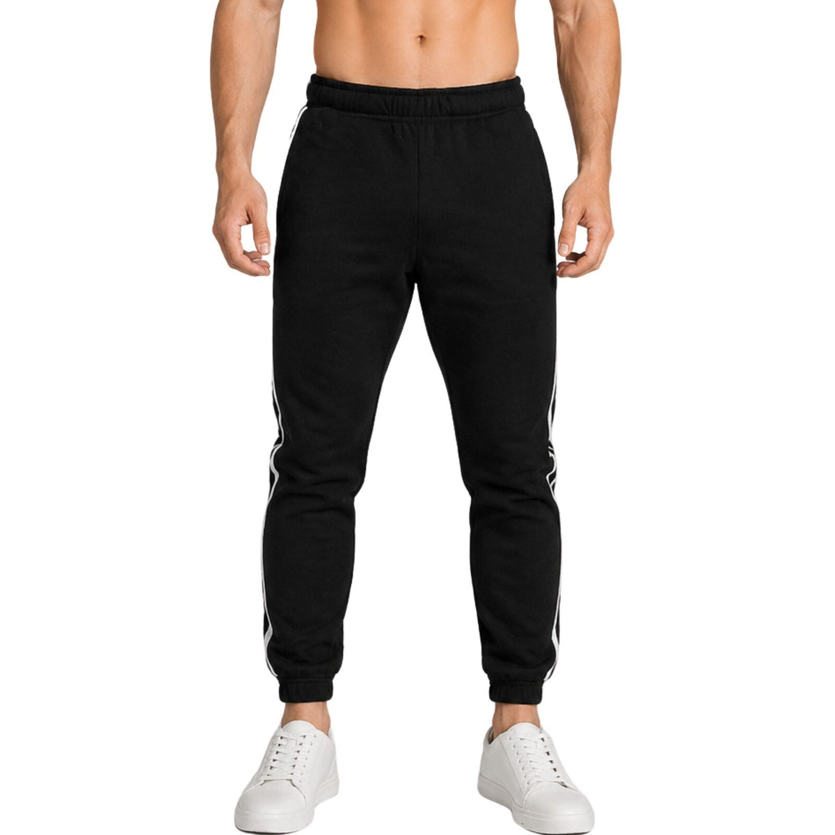 Mens Fleece Track Pants Skinny Joggers Slim Fit Sweatpants Gym - Black