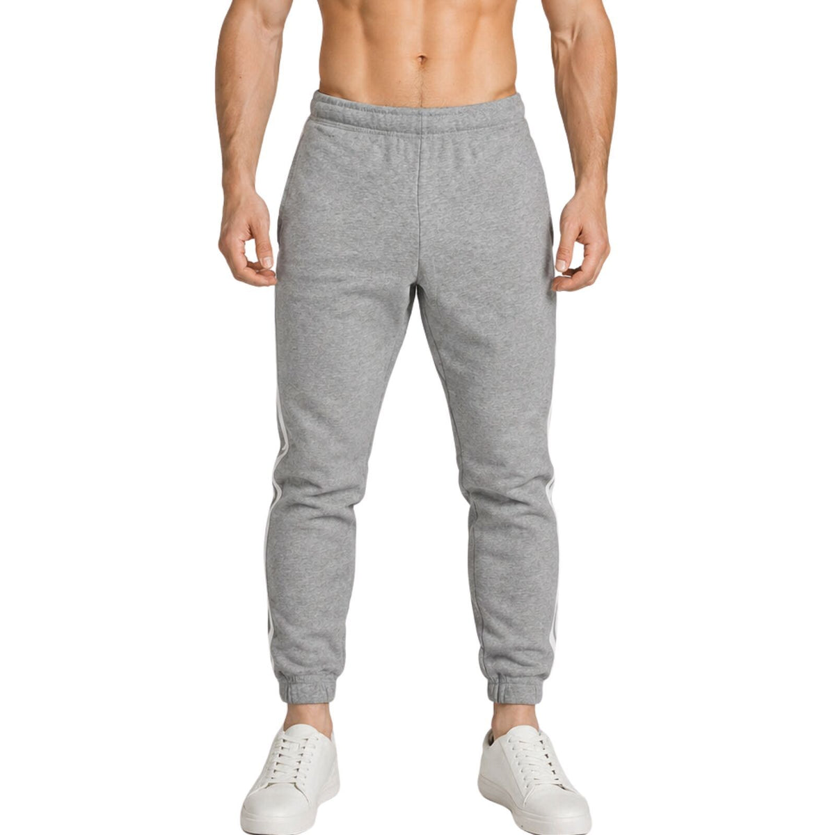 Mens Fleece Track Pants Skinny Joggers Slim Fit Sweatpants Gym - Grey Marle