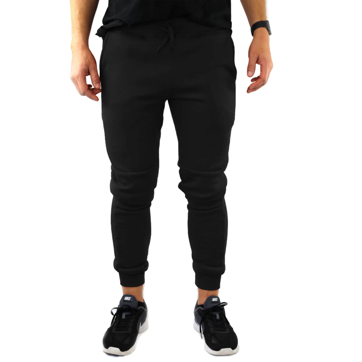 Mens Skinny Track Pants Joggers Trousers Gym Casual Sweat Cuffed Slim Trackies Fleece - Black