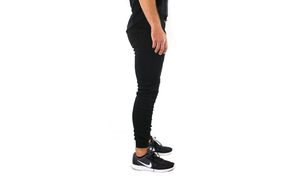 Mens Skinny Track Pants Joggers Trousers Gym Casual Sweat Cuffed Slim Trackies Fleece - Black
