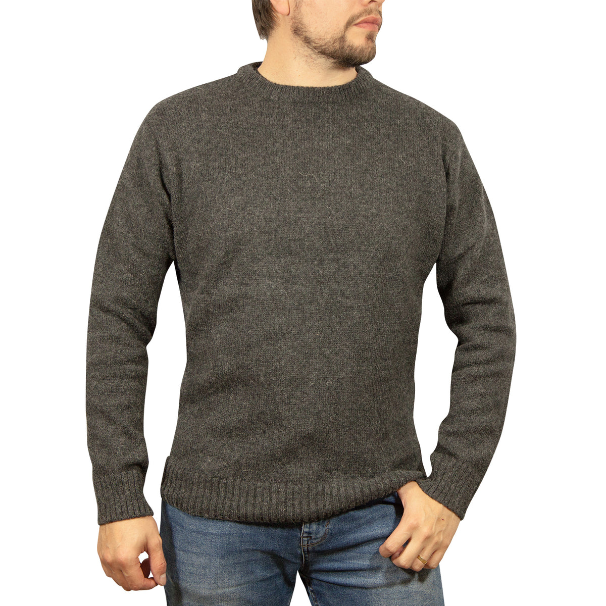 Mens 100% Shetland Ragg Wool Round Neck Knit Jumper Pullover Crew Sweater - Charcoal