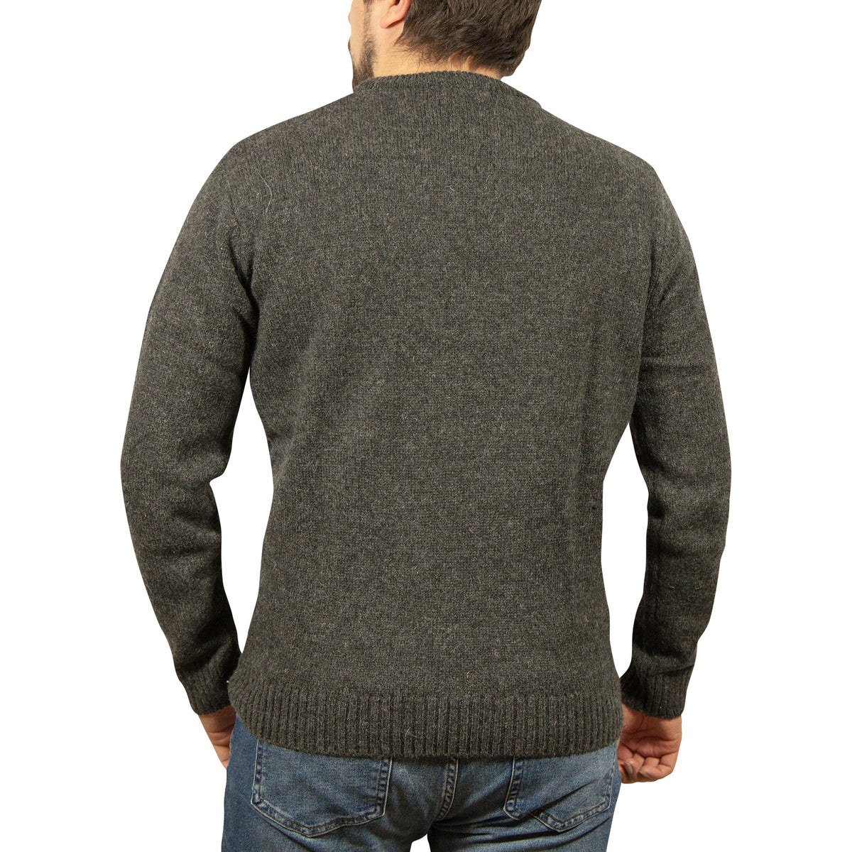 Mens 100% Shetland Ragg Wool Round Neck Knit Jumper Pullover Crew Sweater - Charcoal