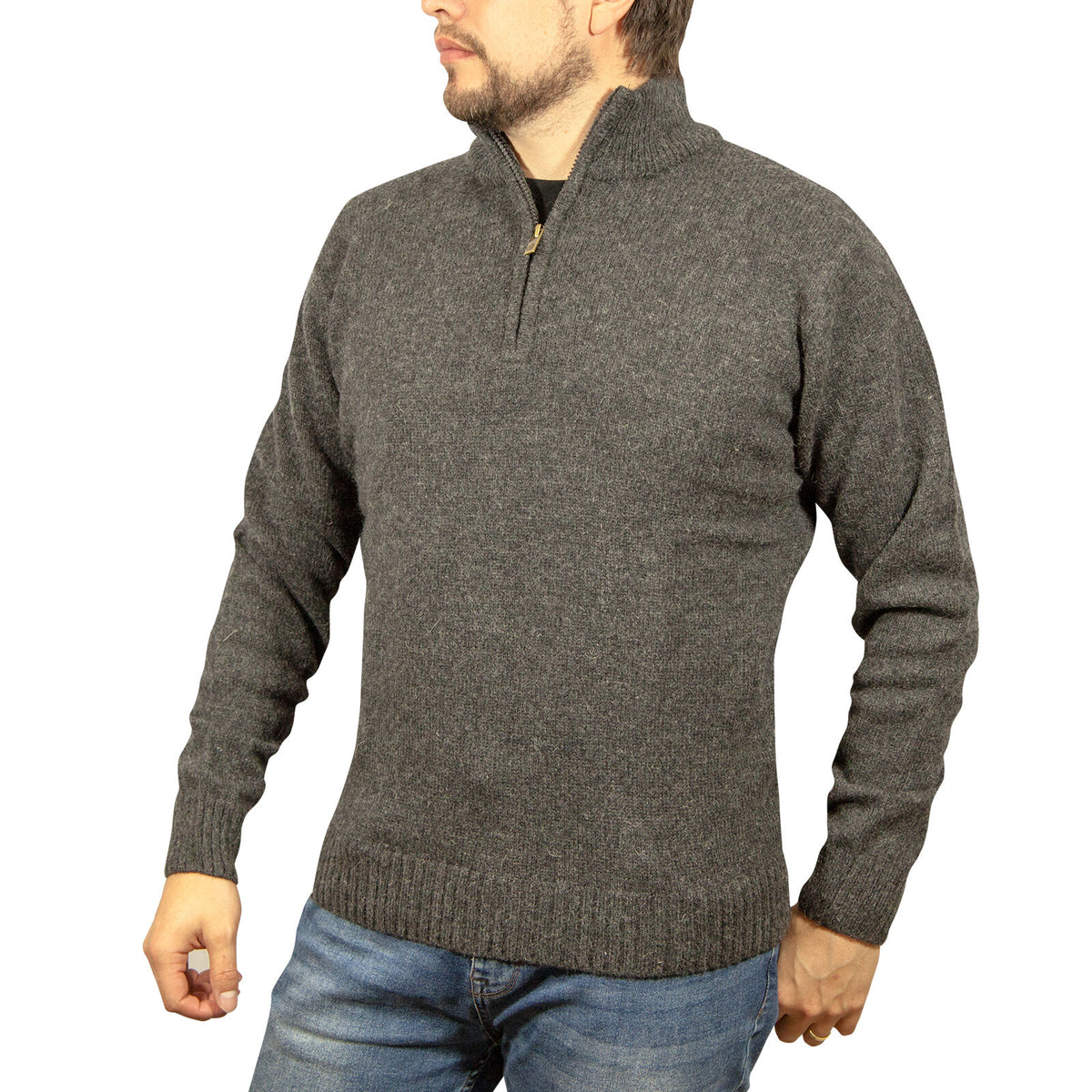 100% SHETLAND RAGG WOOL Half Zip Up Knit JUMPER Pullover Mens Sweater Knitted - Charcoal