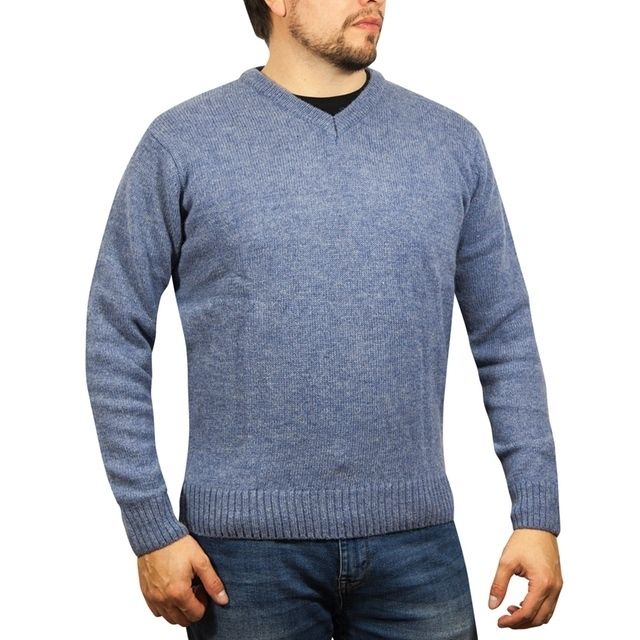 100% Shetland Ragg Wool V Neck Knit Jumper Pullover Mens Sweater Knitted - Sky