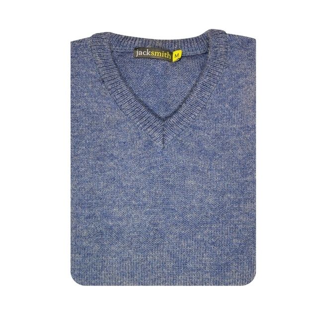100% Shetland Ragg Wool V Neck Knit Jumper Pullover Mens Sweater Knitted - Sky