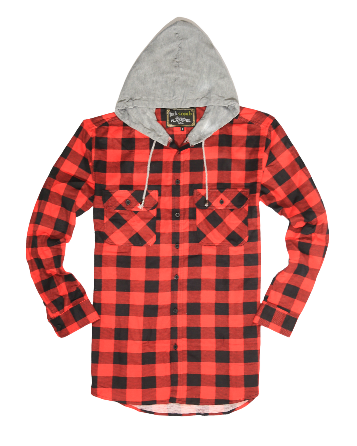 Mens Cotton Flannelette Shirt w Jersey Hood Long Sleeve Flannel - Red/Black