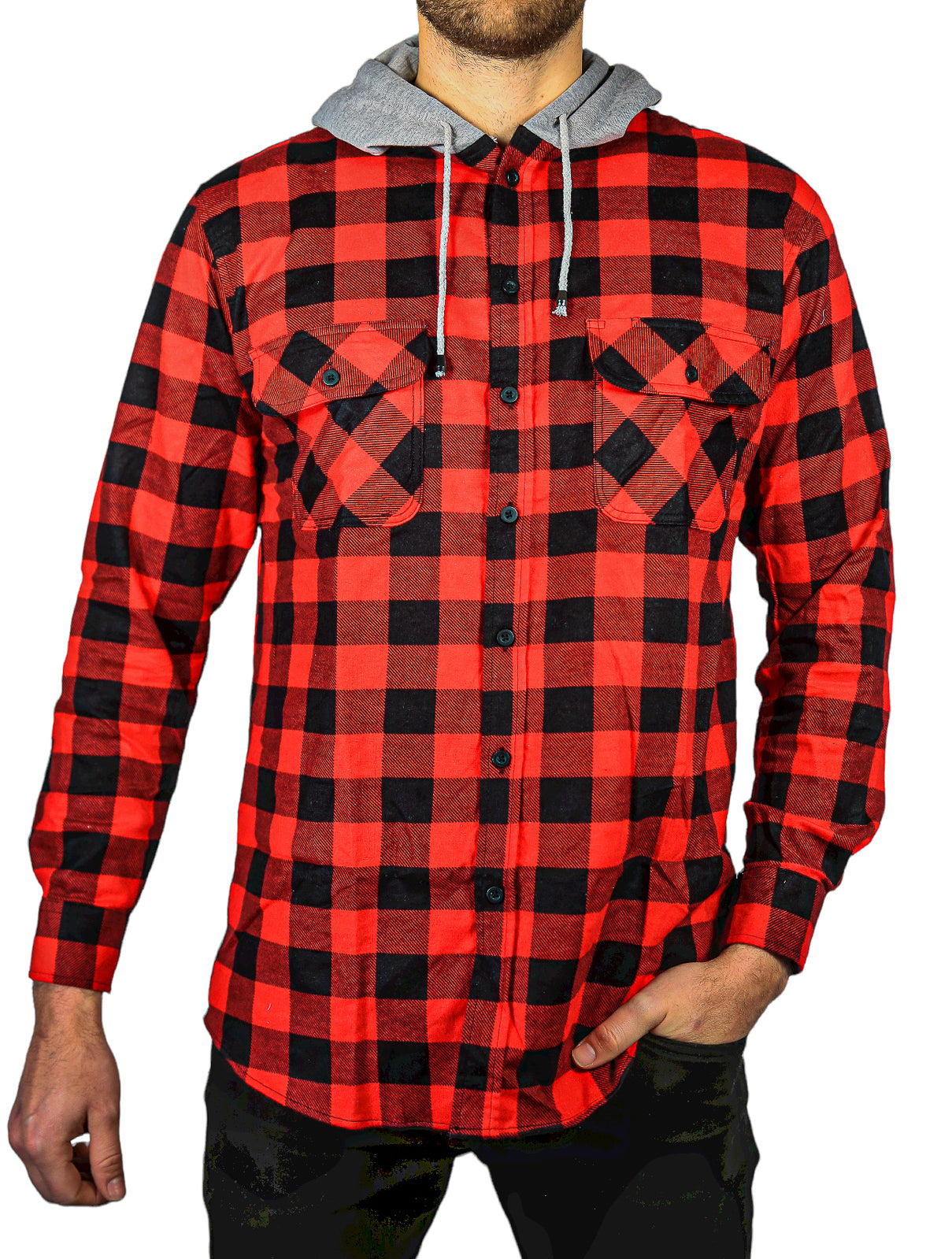 Flannelette Shirt Mens Cotton with Jersey Hood Long Sleeve Flannel - Red/Black - S