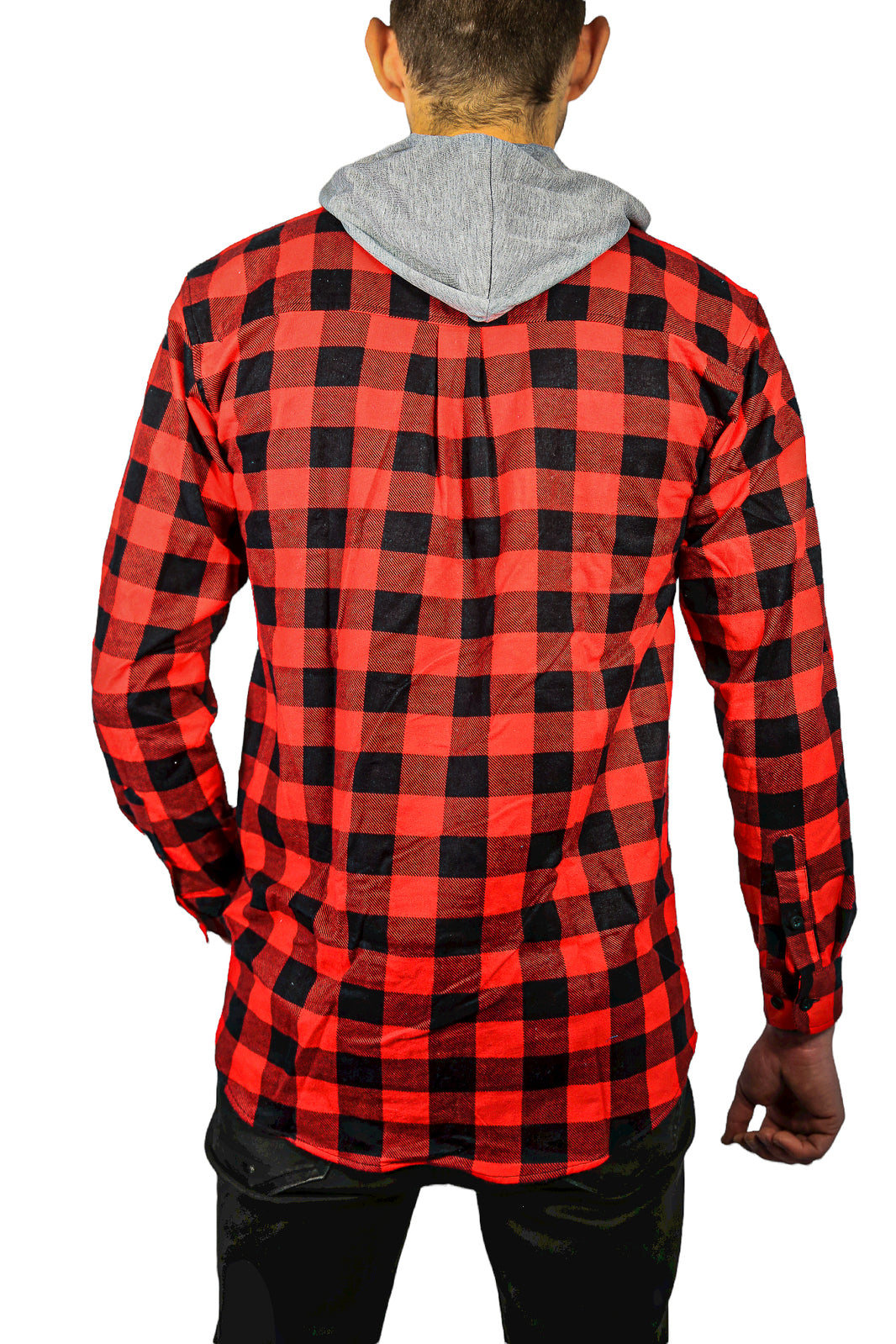 Flannelette Shirt Mens Cotton with Jersey Hood Long Sleeve Flannel - Red/Black - S