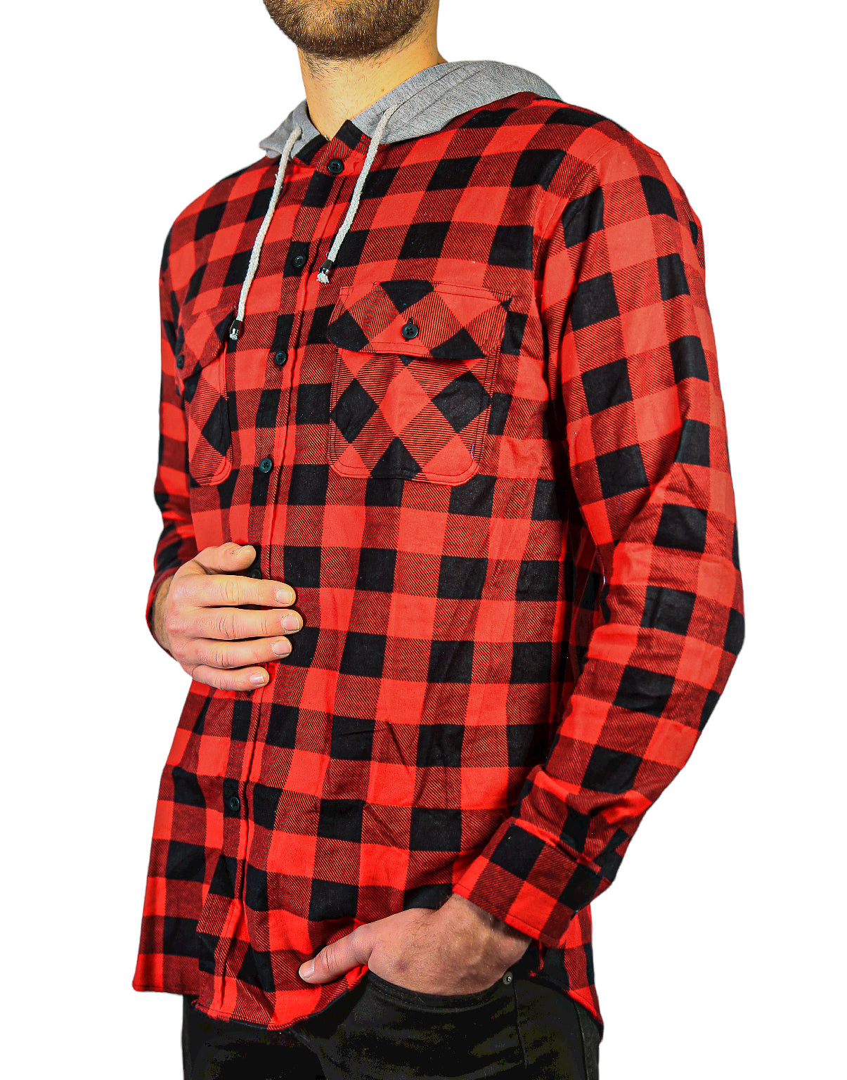 Flannelette Shirt Mens Cotton with Jersey Hood Long Sleeve Flannel - Red/Black - S