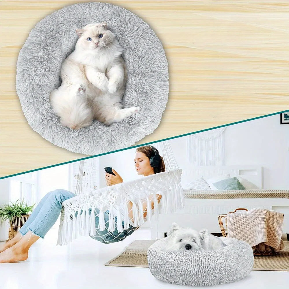 Medium-50cm peach PawfectFriend Dog Pet Cat Bed Plush Beds Large Donut Comfy Cushion Puppy Mat