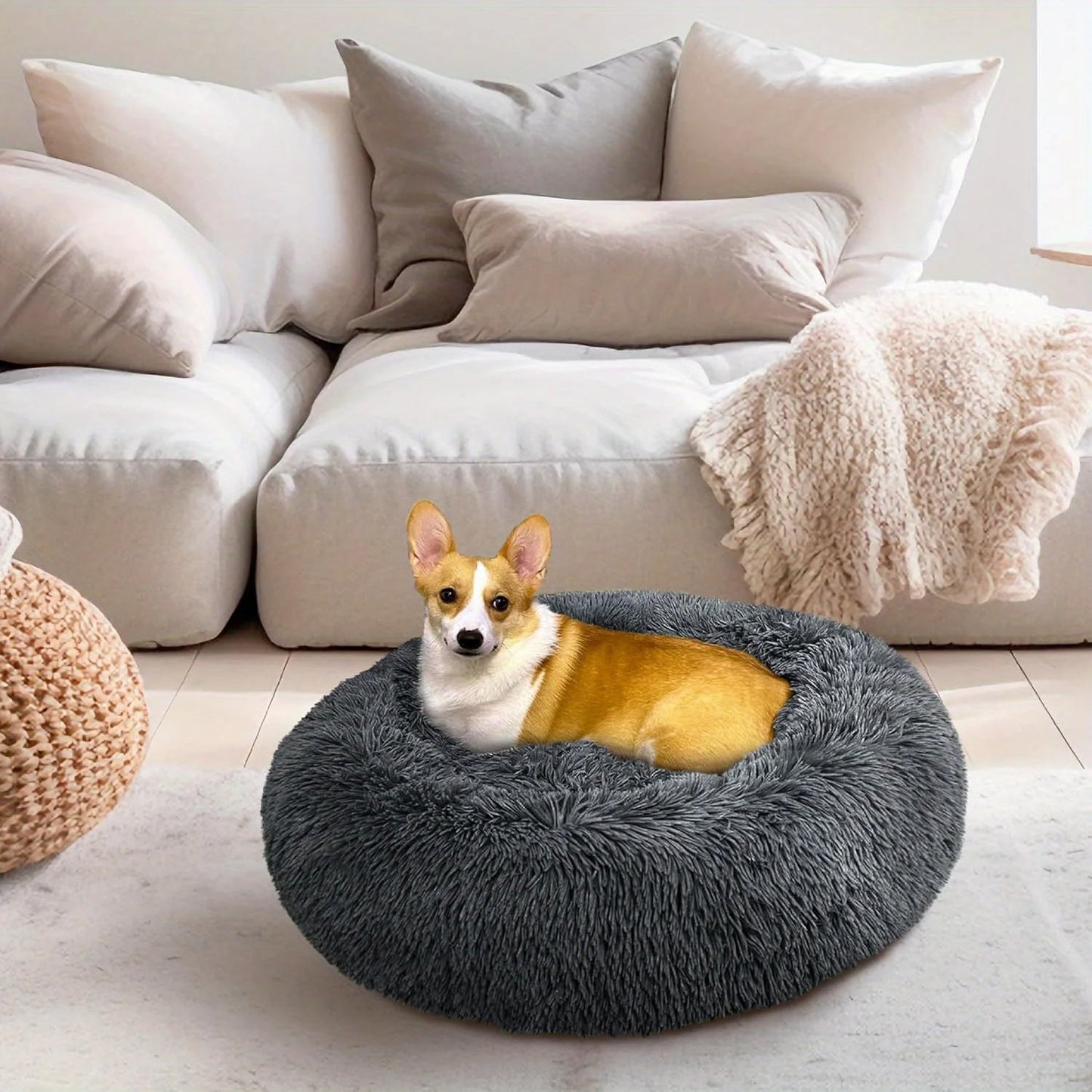 Medium-50cm peach PawfectFriend Dog Pet Cat Bed Plush Beds Large Donut Comfy Cushion Puppy Mat