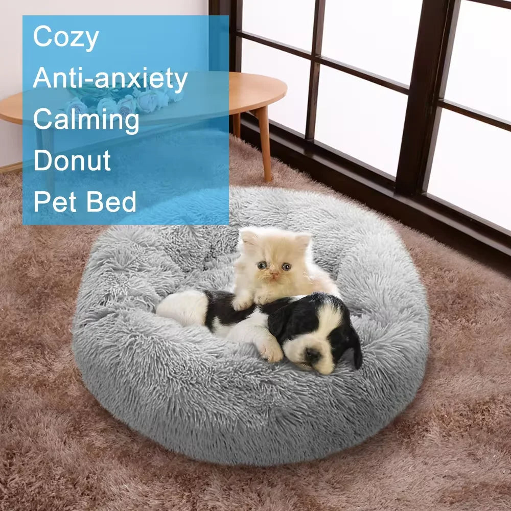 Medium-50cm peach PawfectFriend Dog Pet Cat Bed Plush Beds Large Donut Comfy Cushion Puppy Mat