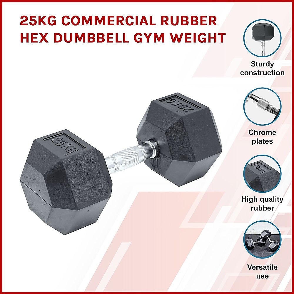 Commercial Rubber Hex Dumbbell 25KG - Gym Weight