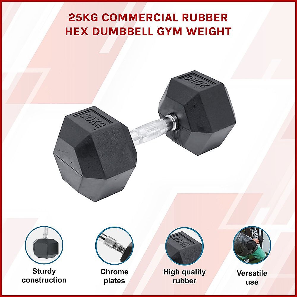 Commercial Rubber Hex Dumbbell 25KG - Gym Weight