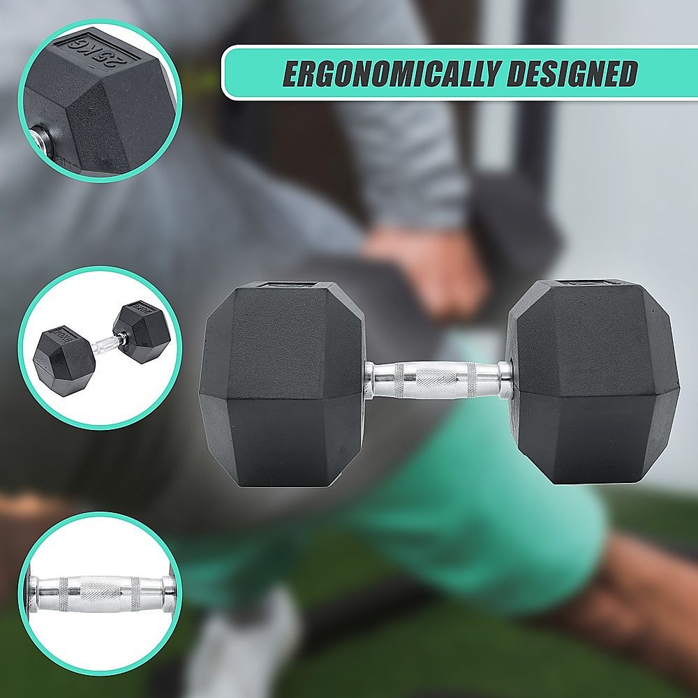 Commercial Rubber Hex Dumbbell 25KG - Gym Weight