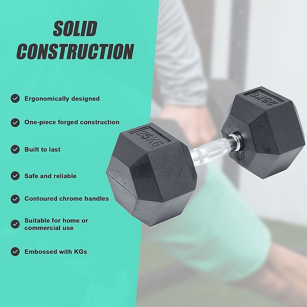 Commercial Rubber Hex Dumbbell 25KG - Gym Weight