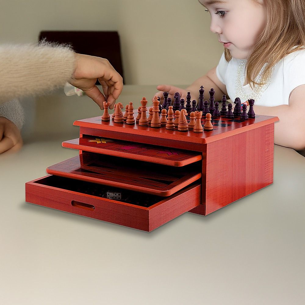 Wooden Chess Board 10-in-1 Games Set - Slide Out Best Checkers House Unit