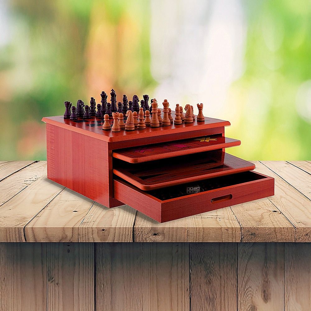 Wooden Chess Board 10-in-1 Games Set - Slide Out Best Checkers House Unit