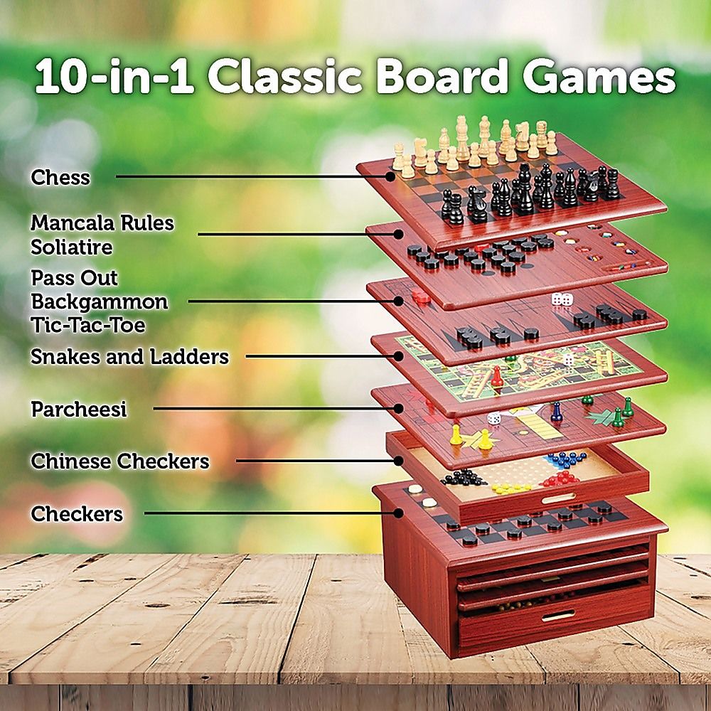 Wooden Chess Board 10-in-1 Games Set - Slide Out Best Checkers House Unit