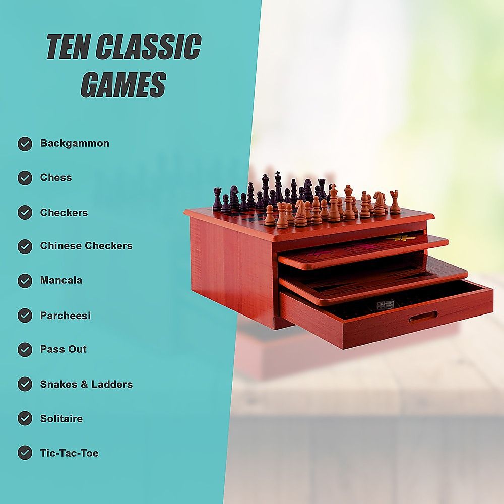 Wooden Chess Board 10-in-1 Games Set - Slide Out Best Checkers House Unit