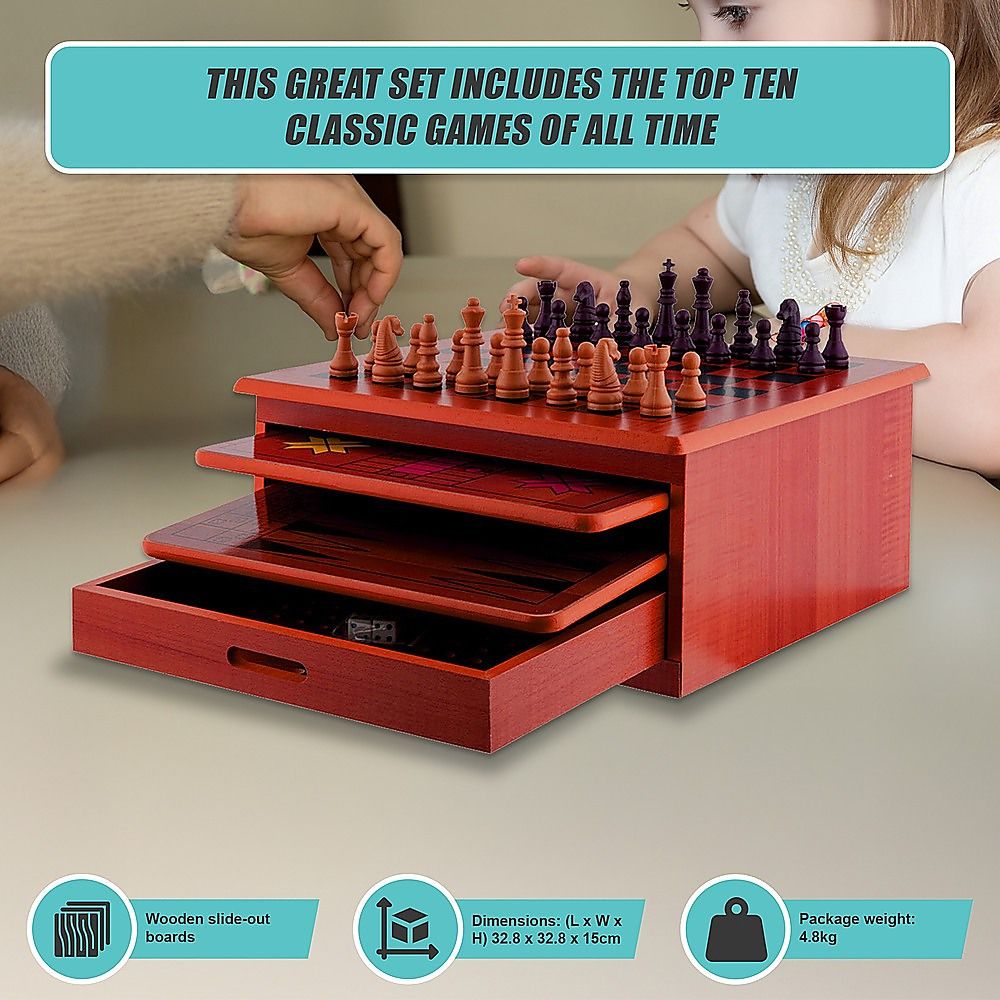 Wooden Chess Board 10-in-1 Games Set - Slide Out Best Checkers House Unit