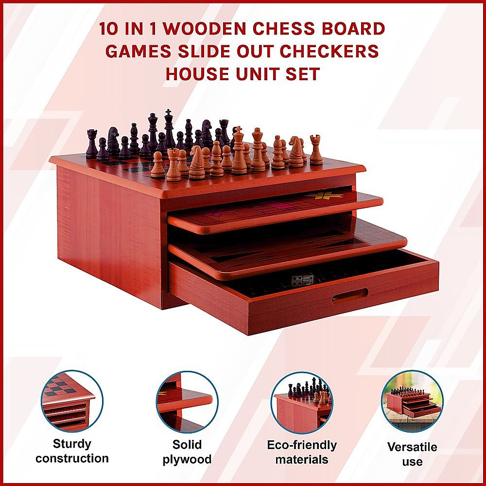 Wooden Chess Board 10-in-1 Games Set - Slide Out Best Checkers House Unit