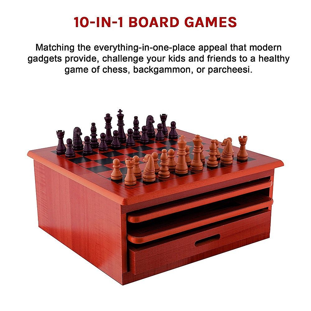 Wooden Chess Board 10-in-1 Games Set - Slide Out Best Checkers House Unit