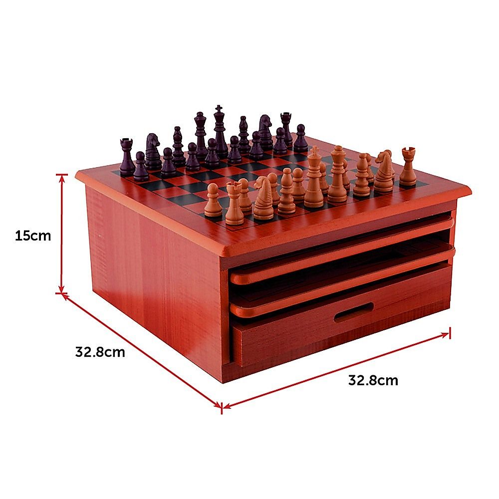 Wooden Chess Board 10-in-1 Games Set - Slide Out Best Checkers House Unit