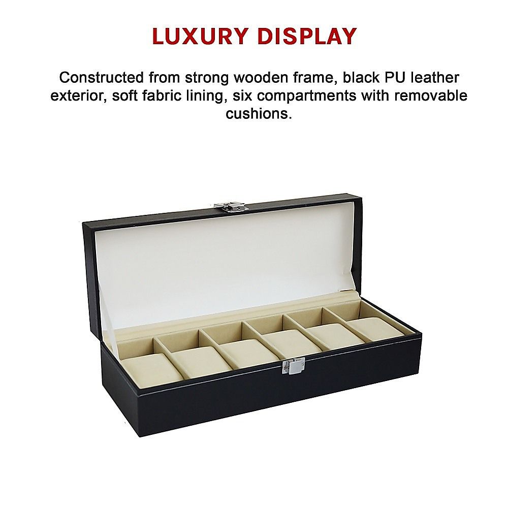 Watch Display Case Box 6-Slot - Black PU Leather