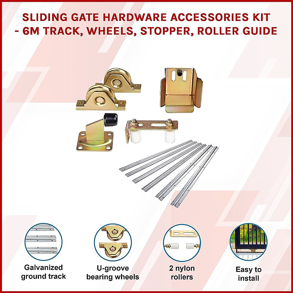 Sliding Gate Hardware Accessories Kit - 6M Track, Wheels, Stopper, Roller Guide