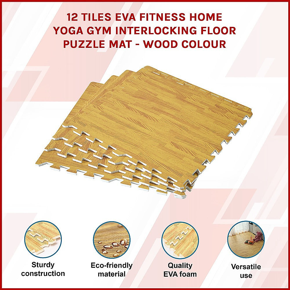 EVA Fitness Home Yoga Gym Interlocking Floor Puzzle Mat - 12 Tiles Wood Colour