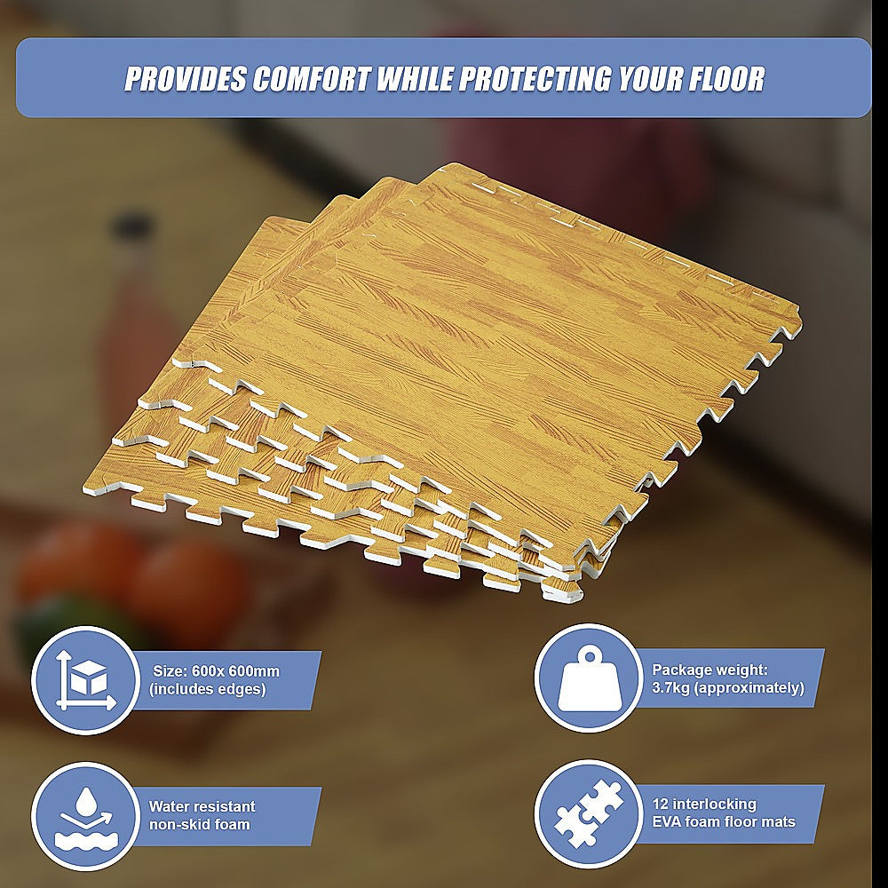 EVA Fitness Home Yoga Gym Interlocking Floor Puzzle Mat - 12 Tiles Wood Colour