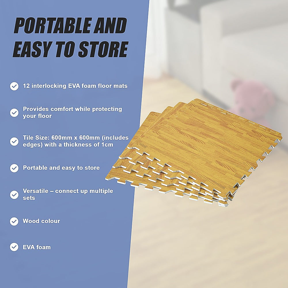 EVA Fitness Home Yoga Gym Interlocking Floor Puzzle Mat - 12 Tiles Wood Colour