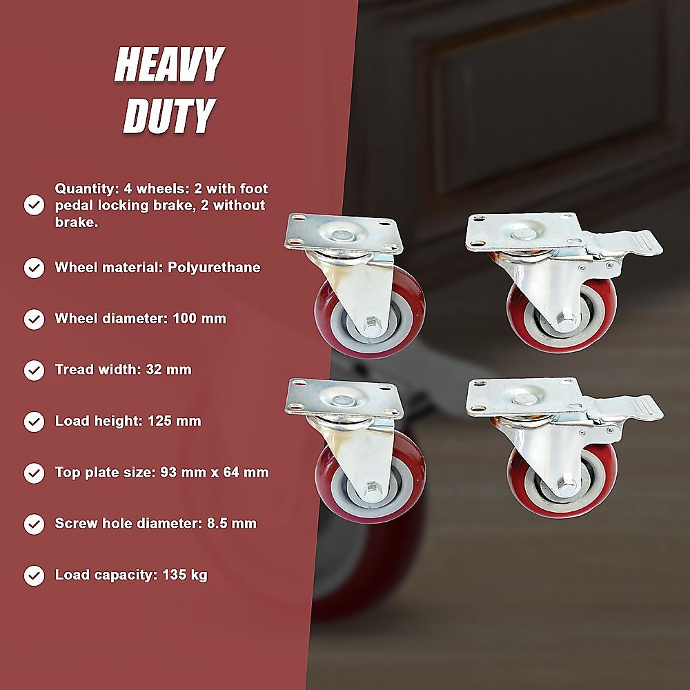 Heavy Duty PU Swivel Castor Wheels with Brake - 4 x 4"