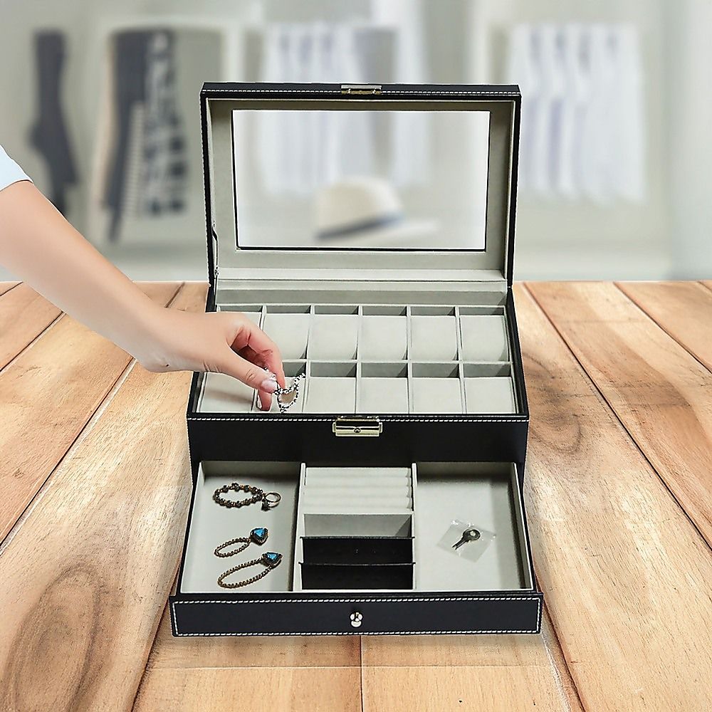 Watch Display Case with Lock Key - 12 Grids Leather Jewelry Storage Box Organizer